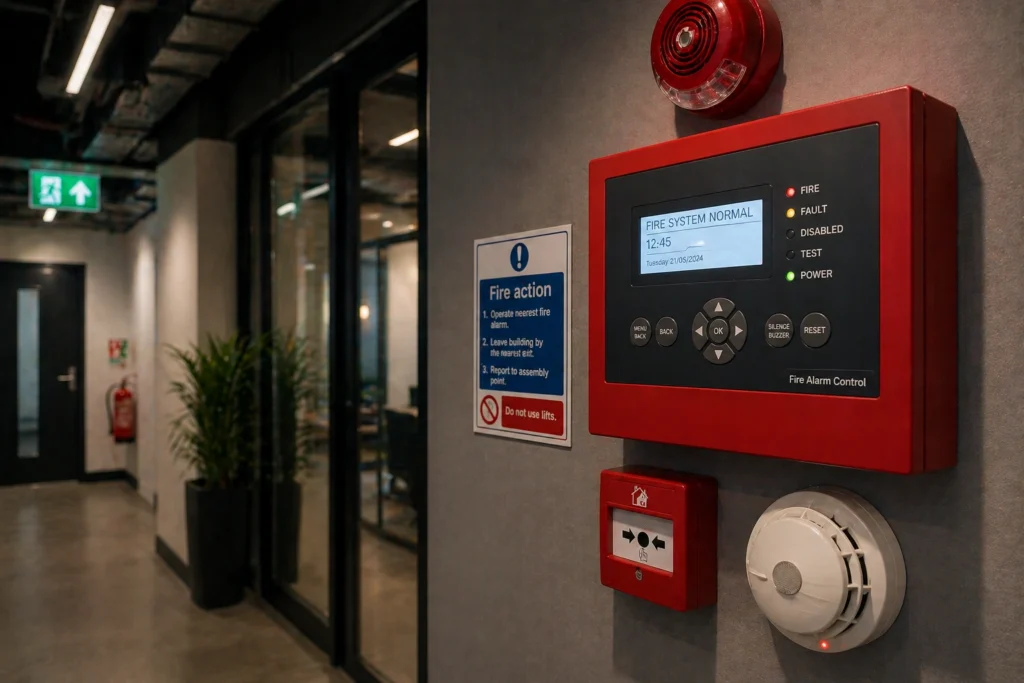 modern office corridor with fire safety systems