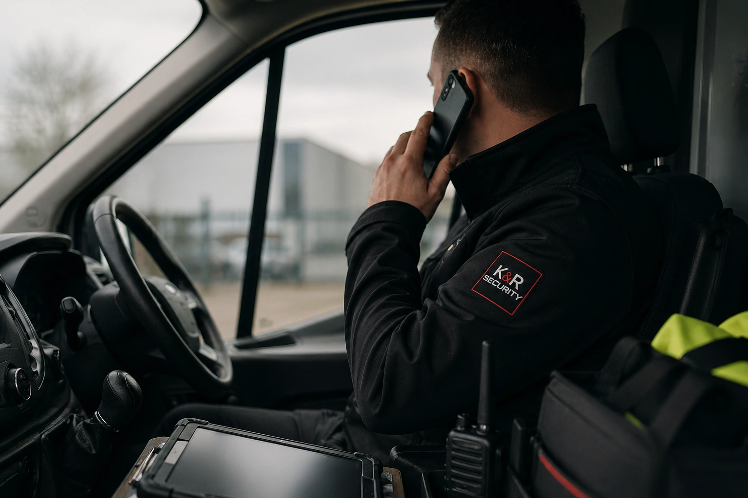 security worker on the phone in van