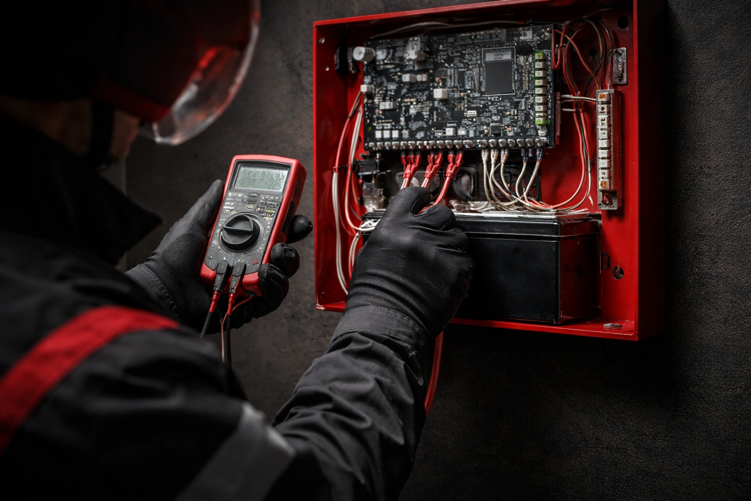 technician servicing fire alarm panel