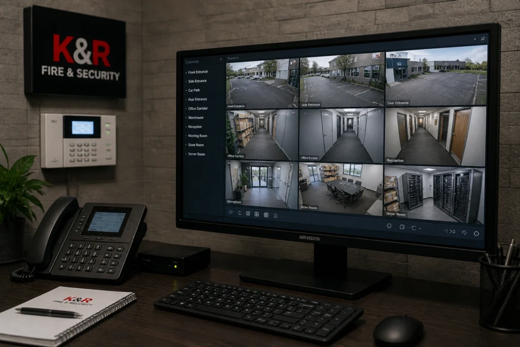 security control room with live feeds