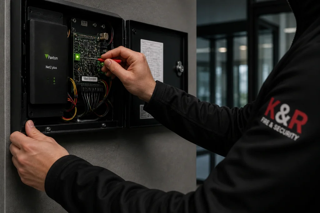 technician working on security panel